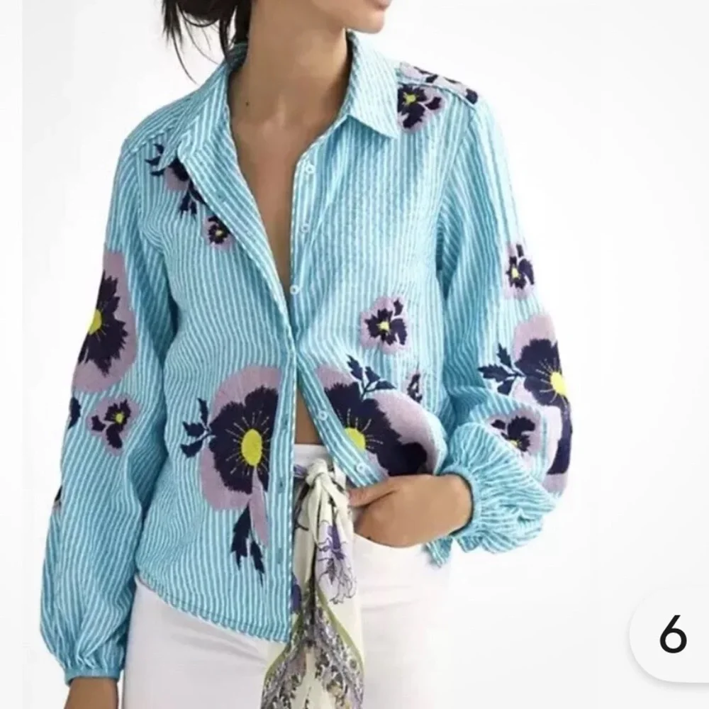 NWT Anthropologie Maeve Embroidered Button-Down Floral Patchwork Turquoise - Picture 1 of 8